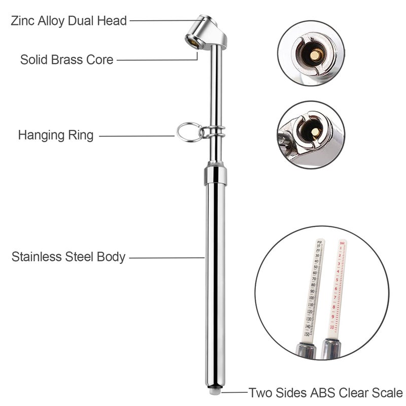 ATsafepro Truck Tire Pressure Gauge Heavy Duty Pen Tire Gauge Range to 150PSI/10Bar Dual Head Air Pressure Gauge (Pack of 2) - Image 2